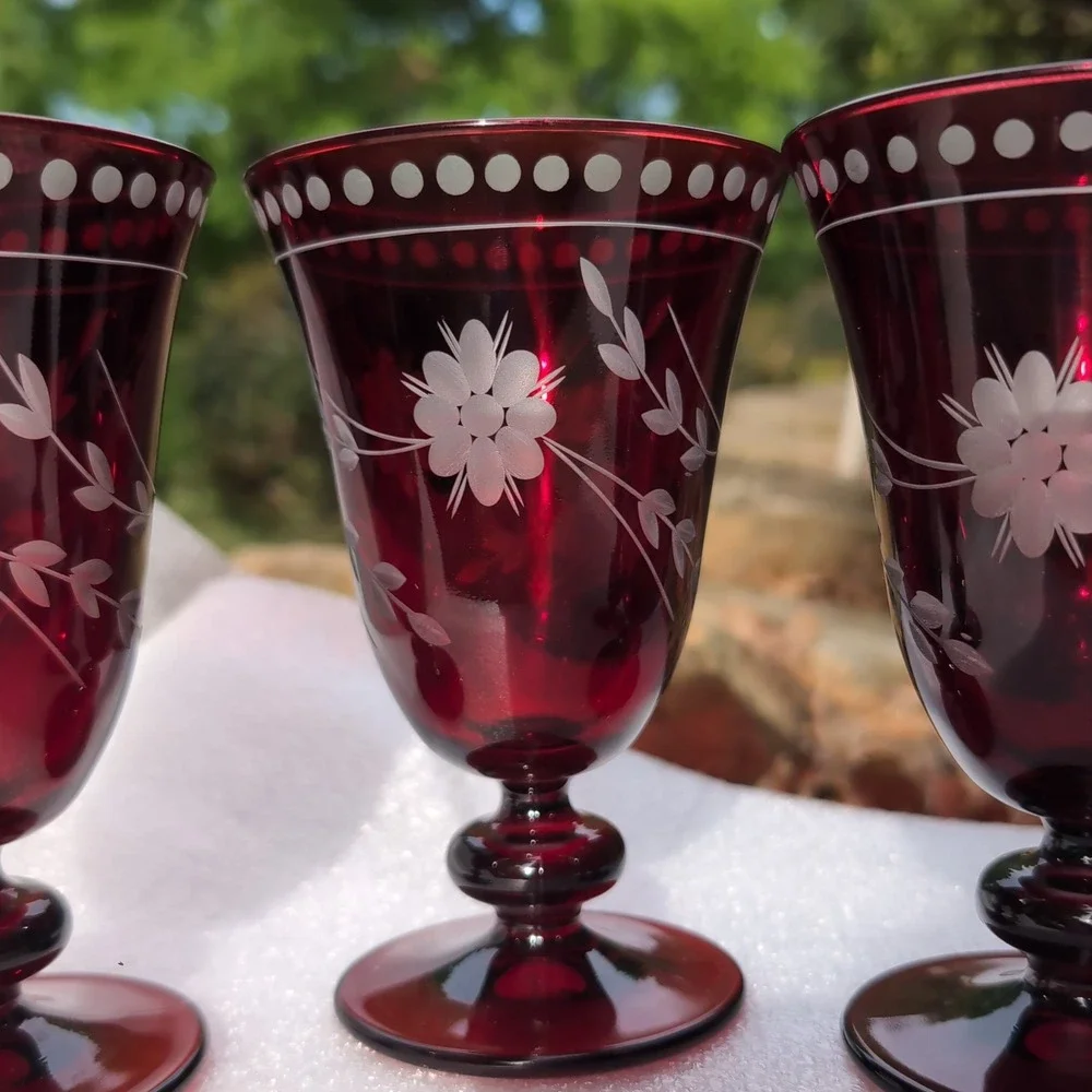 Williams Sonoma Goblet Set Ruby Red Vintage Cut to Clear Floral Glass Etched 4pc